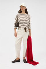 Profile view of model wearing the Oroton Stripe Market Tee in Chocolate/Cream and 100% cotton fabric for Women .