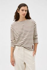 Profile view of model wearing the Oroton Stripe Market Tee in Chocolate/Cream and 100% cotton fabric for Women .