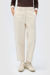 Profile view of model wearing the Oroton Twill Pant in Cream and 100% cotton fabric for Women . IP:3