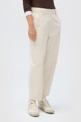 Profile view of model wearing the Oroton Twill Pant in Cream and 100% cotton fabric for Women . IP:4