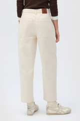 Profile view of model wearing the Oroton Twill Pant in Cream and 100% cotton fabric for Women .