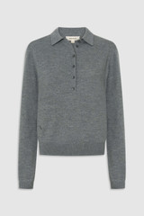 Front product shot of the Oroton Flora Fine Knit Polo in Grey Marle and 55% extra fine merino wool and 45% cotton blend fabric for Women