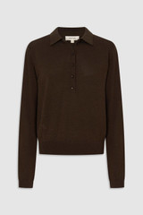 Front product shot of the Oroton Flora Fine Knit Polo in Bitter Chocolate and 55% extra fine merino wool and 45% cotton blend fabric for Women .