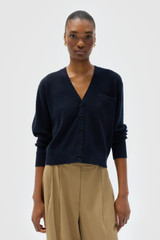 Profile view of model wearing the Oroton Silk Detail Cardigan in North Sea and 98% lambswool and 2% nylon blend fabric for Women .