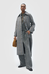 Profile view of model wearing the Oroton Check Coat in Slate and 50% wool and 50% polyester blend fabric for Women . IP:2