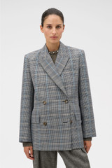 Profile view of model wearing the Oroton Check Man Style Blazer in Slate and 50% wool and 50% polyester blend fabric for Women . IP:3