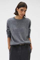 Profile view of model wearing the Oroton Cashmere Blend Knit in Grey Marle and 70% ultra-fine merino wool and 30% cashmere blend fabric for Women .