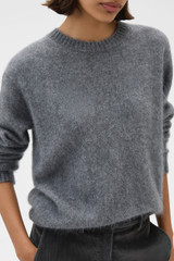 Profile view of model wearing the Oroton Cashmere Blend Knit in Grey Marle and 70% ultra-fine merino wool and 30% cashmere blend fabric for Women .