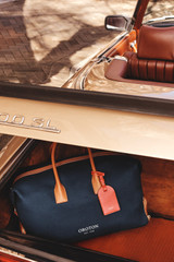 Detail product shot of the Oroton Voyager Weekender in Navy and Canvas material with leather trims for Women .