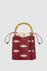 Front product shot of the Oroton Leigh Ric Rac Bucket Bag in Cherry and Premium smooth leather for Women .