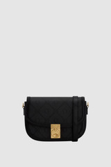 Front product shot of the Oroton Yvonne Signature Small Saddle Bag in Black and Nylon canvas base cloth material with PVC coating (70% PVC, 30% polyester) for Women .
