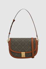 Front product shot of the Oroton Yvonne Signature Medium Saddle Bag in Cognac and Nylon canvas base cloth material with PVC coating (70% PVC, 30% polyester) for Women .
