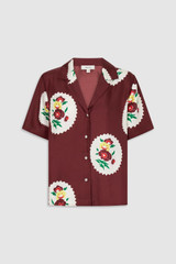 Front product shot of the Oroton Folk Doilie Camp Shirt in Burgundy and 100% silk twill fabric for Women .