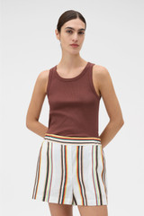 Profile view of model wearing the Oroton Fiesta Stripe Shorts in Multi and 100% linen fabric for Women .