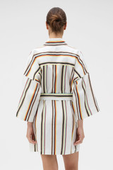 Profile view of model wearing the Oroton Fiesta Stripe Robe in Multi and 100% heavyweight linen fabric for Women .