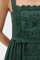Profile view of model wearing the Oroton Handkerchief Sundress in Ivy and 100% mid-weight linen fabric with a lightly textured surface for Women . IP:5
