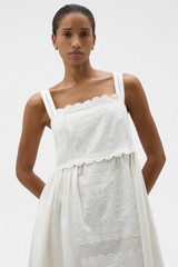 Profile view of model wearing the Oroton Handkerchief Sundress in Antique White and 100% mid-weight linen fabric with a lightly textured surface for Women .
