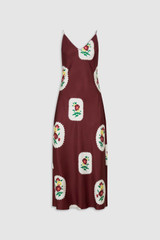 Front product shot of the Oroton Folk Doilie Print Slip Dress in Burgundy and 100% silk fabric for Women .