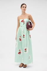 Profile view of model wearing the Oroton Folk Doilie Print Sun Dress in Mint and 100% silk fabric for Women . IP:2