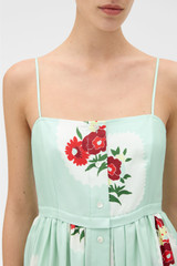 Profile view of model wearing the Oroton Folk Doilie Print Sun Dress in Mint and 100% silk fabric for Women . IP:5