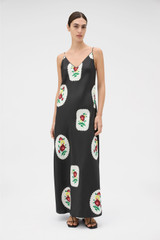 Profile view of model wearing the Oroton Folk Doilie Print Slip Dress in Black and 100% silk fabric for Women . IP:3