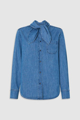 Front product shot of the Oroton Denim Tie Neck Shirt in Denim and 100% cotton fabric for Women .