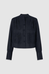 Front product shot of the Oroton Doilie Detail Top in NORTH SEA and 100% linen fabric for Women .