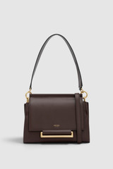 Front product shot of the Oroton Elm Small Satchel in Coffee Bean and Premium smooth pebble leather for Women .