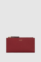 Front product shot of the Oroton Eve Slim Zip Wallet in BERRY and Premium pebble leather for Women .