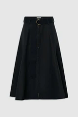 Front product shot of the Oroton Zip Midi Skirt in BLACK and 100% heavyweight linen fabric for Women .