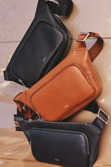 Detail product shot of the Oroton Larsen Sling Bag in NIGHT SKY and Premium pebble leather for Men .