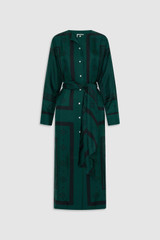 Front product shot of the Oroton Spot Scarf Print Column Dress in HELM GREEN and 100% silk twill fabric for Women .