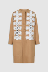 Front product shot of the Oroton Broderie Trim Dress in CAMEL and 100% heavyweight linen fabric for Women .