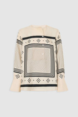 Front product shot of the Oroton Spot Scarf Print Blouse in NOUGAT and 100% silk twill fabric for Women .