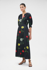 Profile view of model wearing the Oroton Wild Flower Print Dress in BLACK and 100% silk twill fabric for Women .