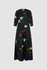 Front product shot of the Oroton Wild Flower Print Dress in BLACK and 100% silk twill fabric for Women .