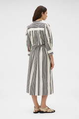 Profile view of model wearing the Oroton Weekend Stripe Dress in Calico and 100% cotton fabric for Women .
