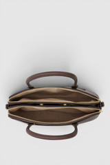 Internal product shot of the Oroton Iris Double Zip 14" Tote Bag in Coffee Bean and Premium pebble leather for Women .