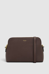 Front product shot of the Oroton Iris Double Zip Crossbody in Coffee Bean and Premium pebble leather  for Women .