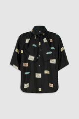 Front product shot of the Oroton Vintage Label Blouse in Black and 100% silk twill fabric for Women .