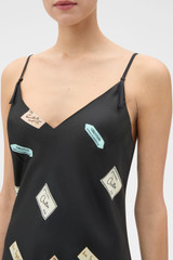 Profile view of model wearing the Oroton Vintage Label Slip Dress in Black and 100% silk twill fabric for Women .