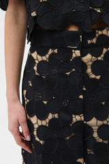Profile view of model wearing the Oroton Poppy Lace Short in Black and 100% polyester fabric for Women .