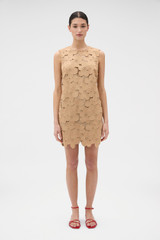 Profile view of model wearing the Oroton Poppy Lace Mini Dress in Camel and 100% polyester fabric for Women .