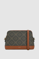 Front product shot of the Oroton Harvey Signature Double Top Zip Crossbody in Black/Cognac and Nylon canvas base cloth material with PVC coating (70% PVC, 30% polyester) for Women .