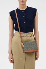 Profile view of model wearing the Oroton Harvey Signature Double Top Zip Crossbody in Black/Cognac and Nylon canvas base cloth material with PVC coating (70% PVC, 30% polyester) for Women .