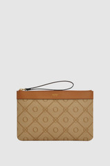 Front product shot of the Oroton Harvey Signature Medium Zip Pouch in Stone/Tan and Nylon canvas base cloth material with PVC coating (70% PVC, 30% polyester) for Women .
