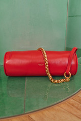 Detail product shot of the Oroton Romy Barrel Bag in Market Red and Premium smooth leather for Women .