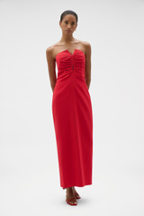 Profile view of model wearing the Oroton Bodice Maxi Dress in Ribbon Red and 55% linen, 43% viscose, and 2% elastane blend for Women .