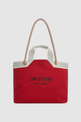 Front product shot of the Oroton Skipper Tote in Cherry and Premium canvas material for Women .