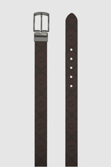 Internal product shot of the Oroton Ethan Signature Reversible Belt in Chestnut Signature and PVC-coated canvas material for Men .